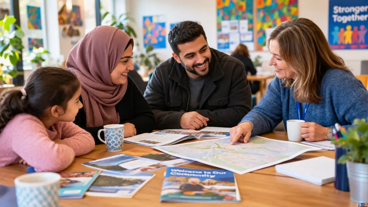 A female community volunteer pointing to a local map while helping a smiling refugee family at a wooden table, demonstrating impactful ways to volunteer for refugees.