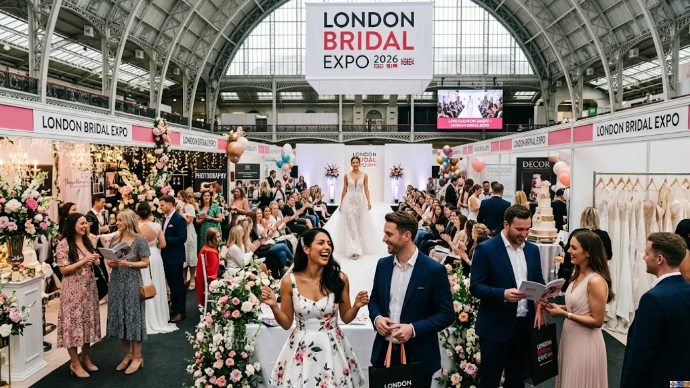 A panoramic view of the bustling 2026 London Bridal Expo within a large glass-roofed exhibition hall. The scene is split by a central white runway. In the foreground, a smiling couple, she in a floral dress and he in a suit, face the camera. The background shows many other attendees, diverse vendor booths with "London Bridal Expo" banners, and large screens. A large central suspended cube sign features the text "LONDON BRIDAL EXPO 2026."