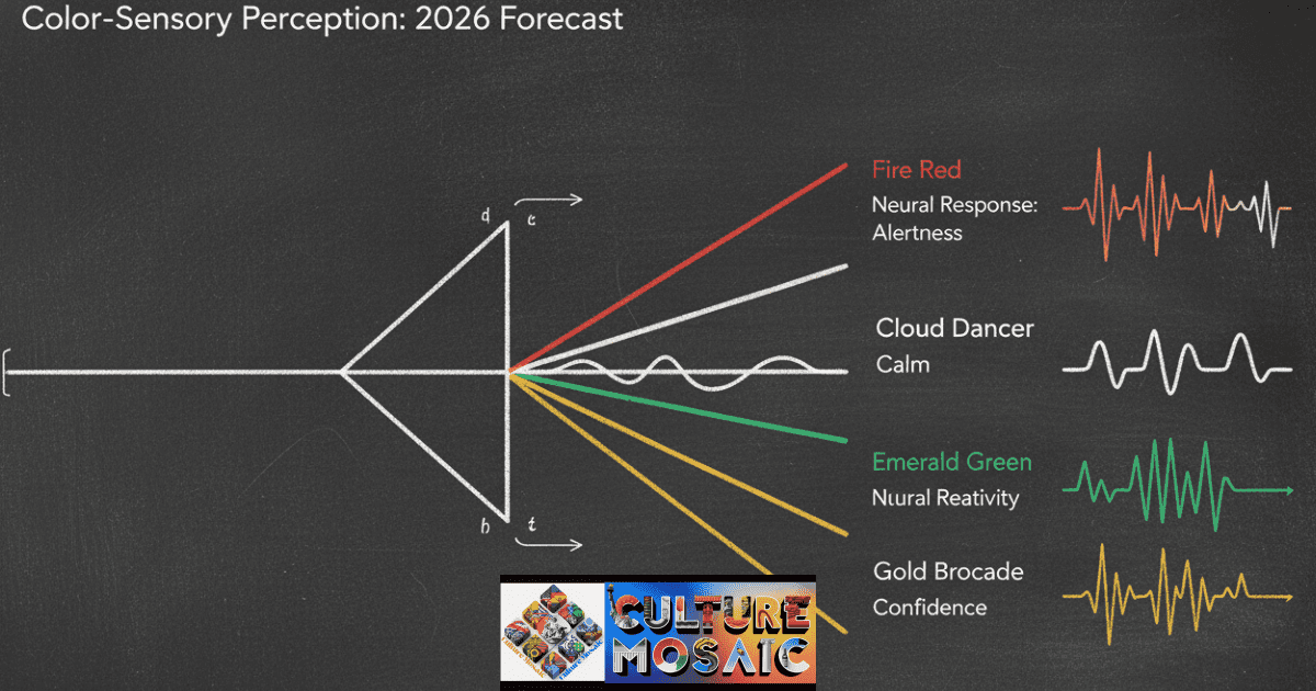 Lucky Colors to Wear for New Year’s 2026, A scientific diagram showing a light prism splitting into red, gold, green, and white with corresponding neural response brainwaves.