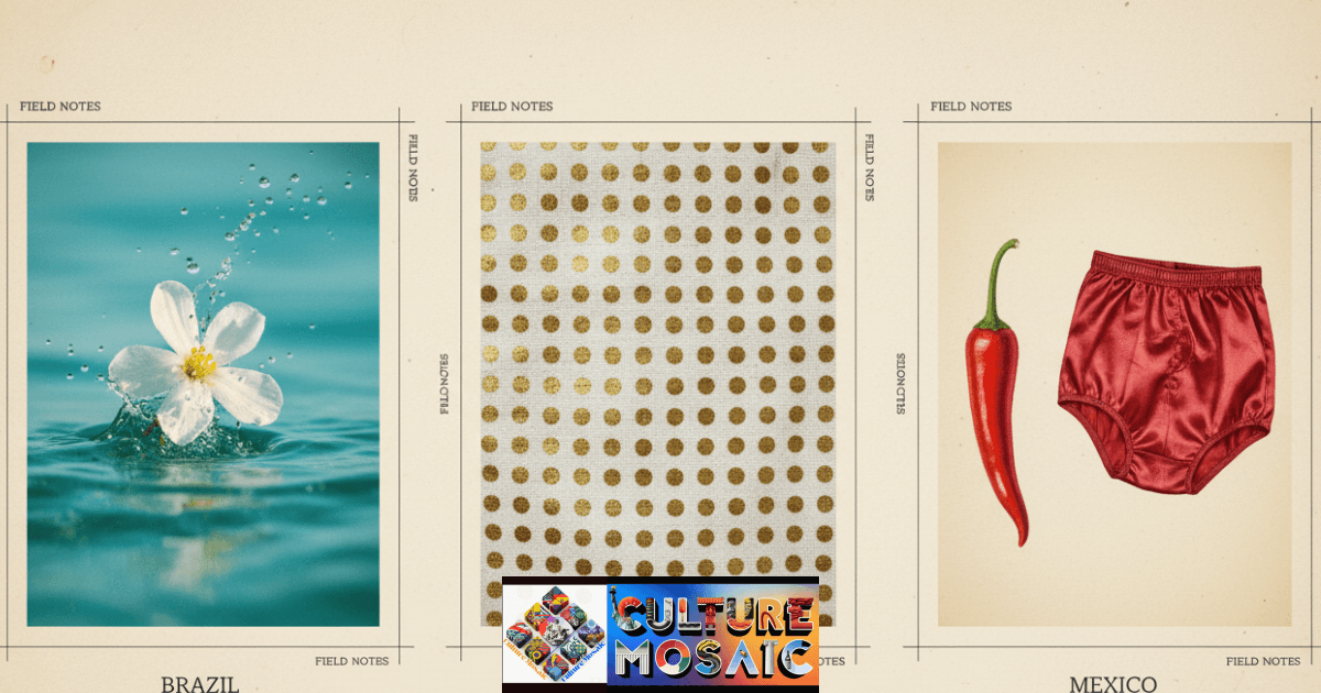 A three-panel cultural dossier showing Brazilian sea rituals, Filipino polka dots, and Mexican hidden color traditions.