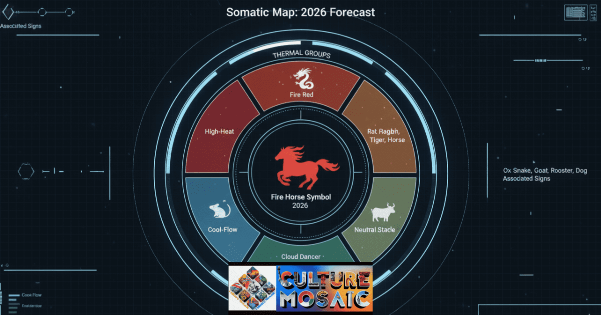 A circular zodiac styling matrix mapping the 12 signs to their 2026 thermal groups and lucky color strategies.