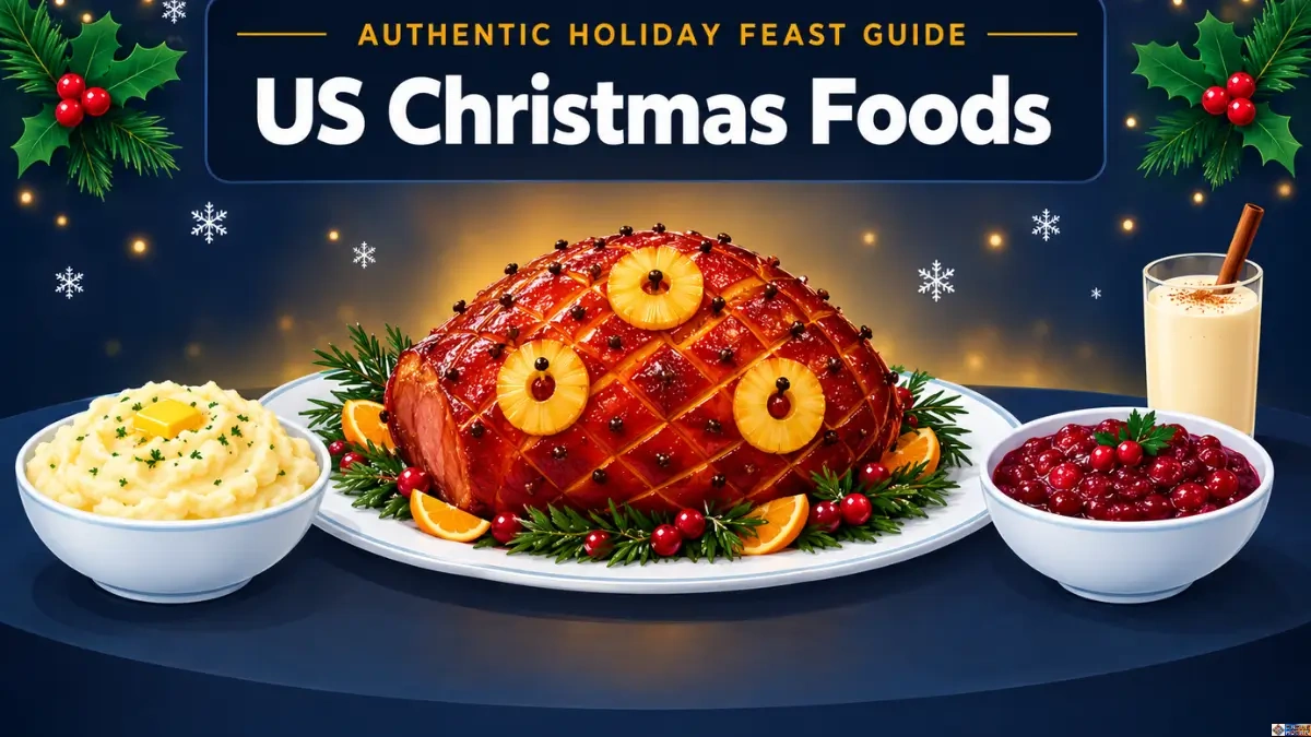 ALT Text: An illustration of traditional US Christmas foods featuring a honey-glazed spiral ham centerpiece, mashed potatoes with butter, red cranberry sauce, and spiced eggnog on a festive holiday dinner table.