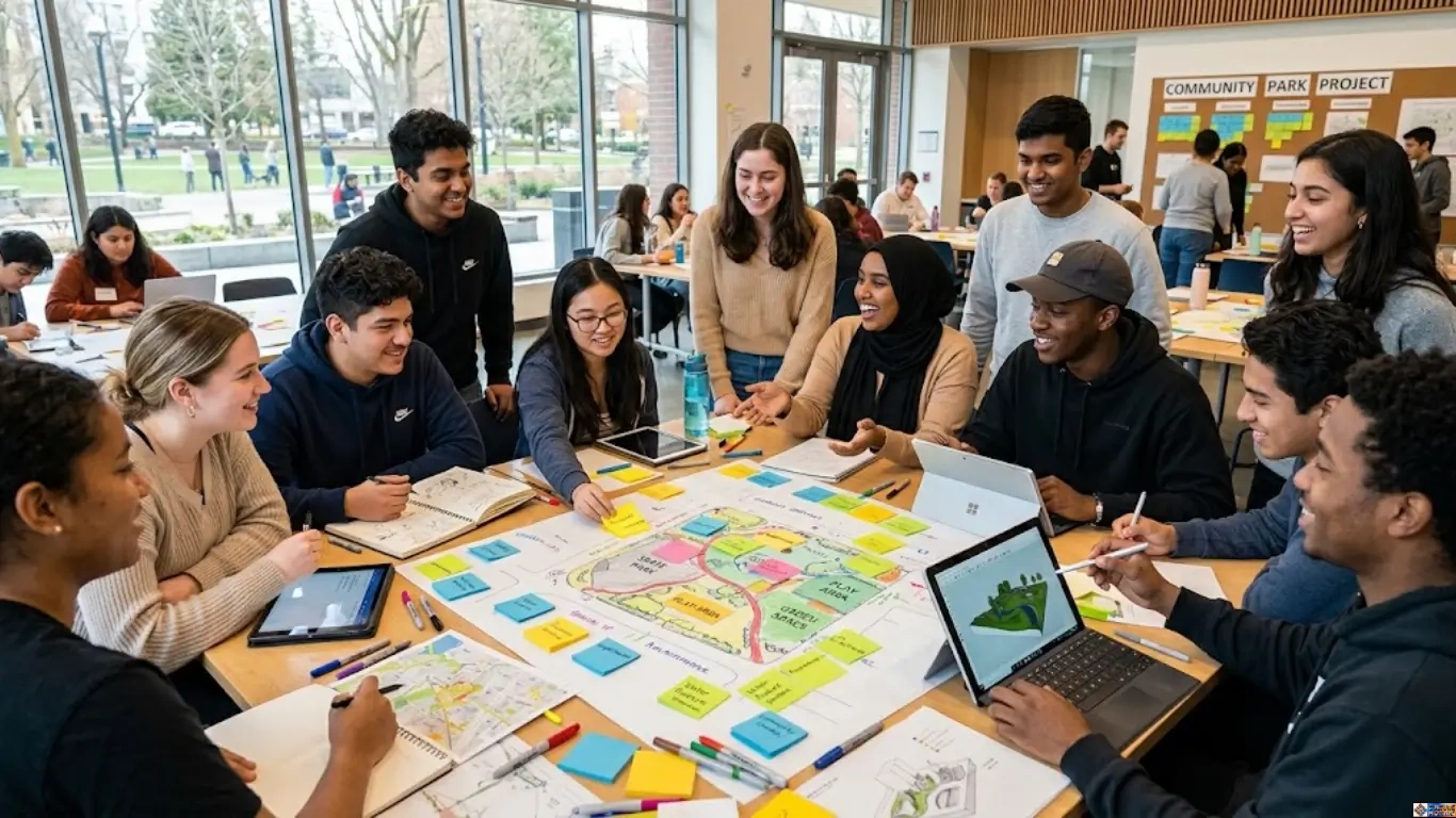 Youth Engagement Strategy: A diverse group of young adults and teenagers sitting together at a workshop table, collaborating on local community planning maps with sticky notes and digital devices.