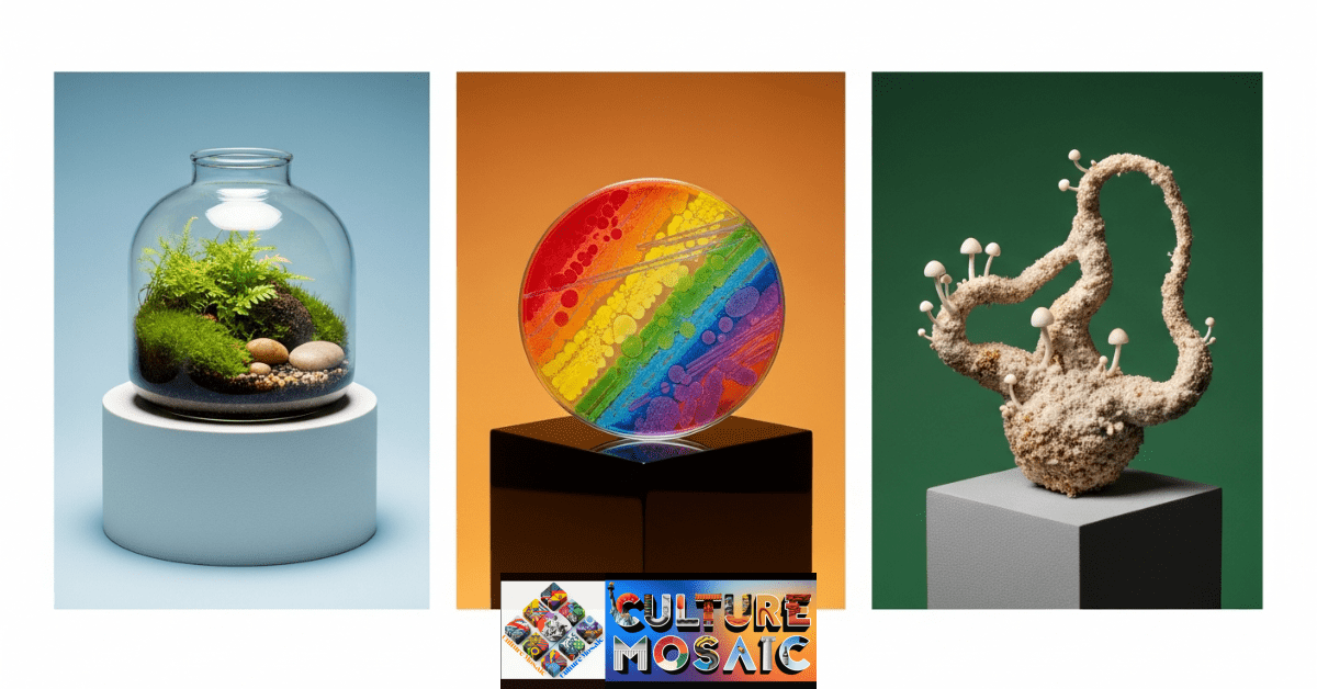 A gallery display of various bio-art projects including terrariums and fungal sculptures.