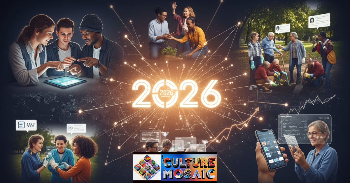 A diverse group of community members using a digital tablet to vote on local development projects, representing the 2026 civic agency movement.