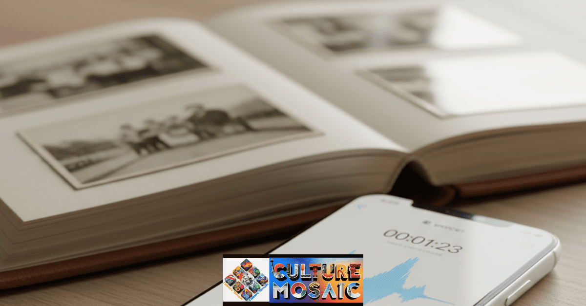 A smartphone recording audio next to a family photo album, showcasing 2026 digital storytelling tools.