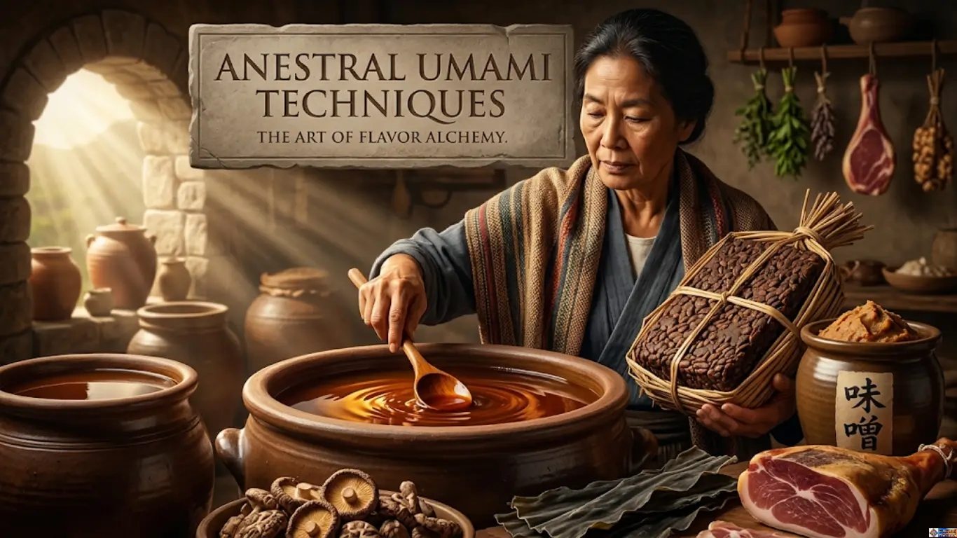 An Asian woman in a traditional kitchen stirs a large pot, demonstrating Ancestral Umami Techniques by using fermented soy blocks and other traditional ingredients like prosciutto, miso, and shiitake mushrooms.