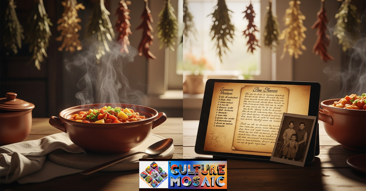 A modern digital tablet displaying a vintage family recipe next to a steaming bowl of traditional stew, symbolizing ancestry-driven cooking and identity.