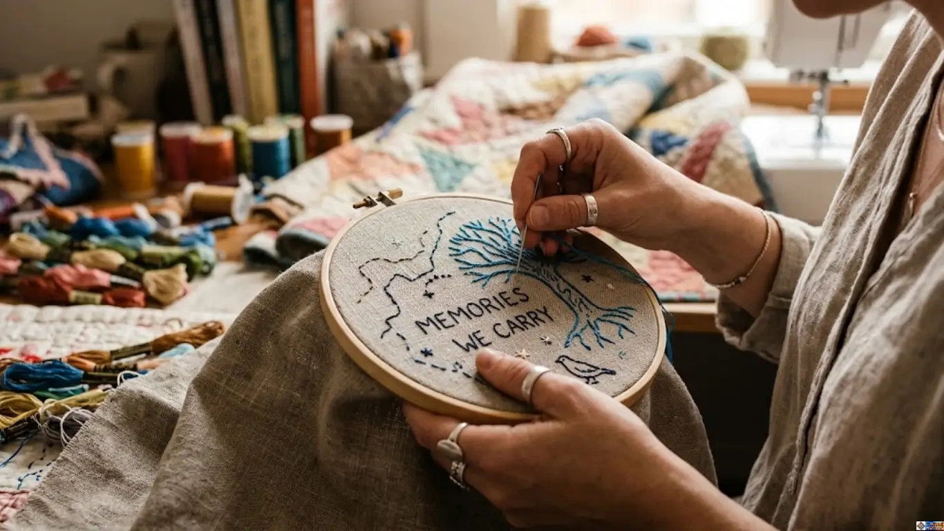 Artisanal Stitch Narratives: A close-up photograph of a textile artist's hands using a needle and blue thread to hand-stitch a meaningful pattern and the phrase "MEMORIES WE CARRY" onto textured linen held in a wooden embroidery hoop.