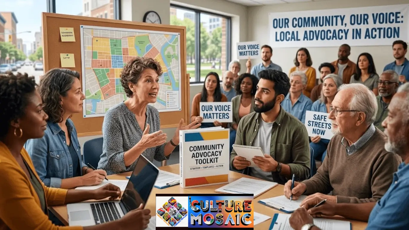 Diverse community members collaborating around a table with a printed Community Advocacy Toolkit binder, neighborhood planning maps, and strategic notes in a town hall setting.