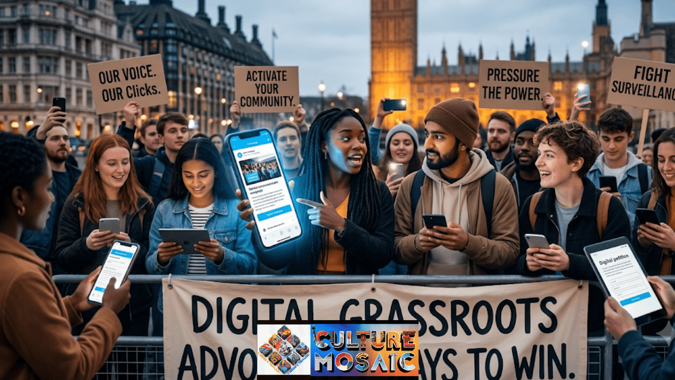 A diverse crowd of young activists gathers in London at dusk, holding smartphones, tablets, and placards to promote online campaigning. The central banner reads "DIGITAL GRASSROOTS ADVOCACY: 7 WAYS TO WIN." One activist points to a campaign page on her large smartphone screen. The background features blurred, recognizable UK landmarks like the Houses of Parliament and Big Ben.