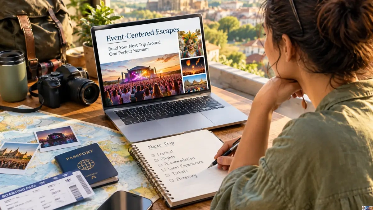 Traveler planning an itinerary for event-centered escapes with a laptop, map, passport, and travel checklist.