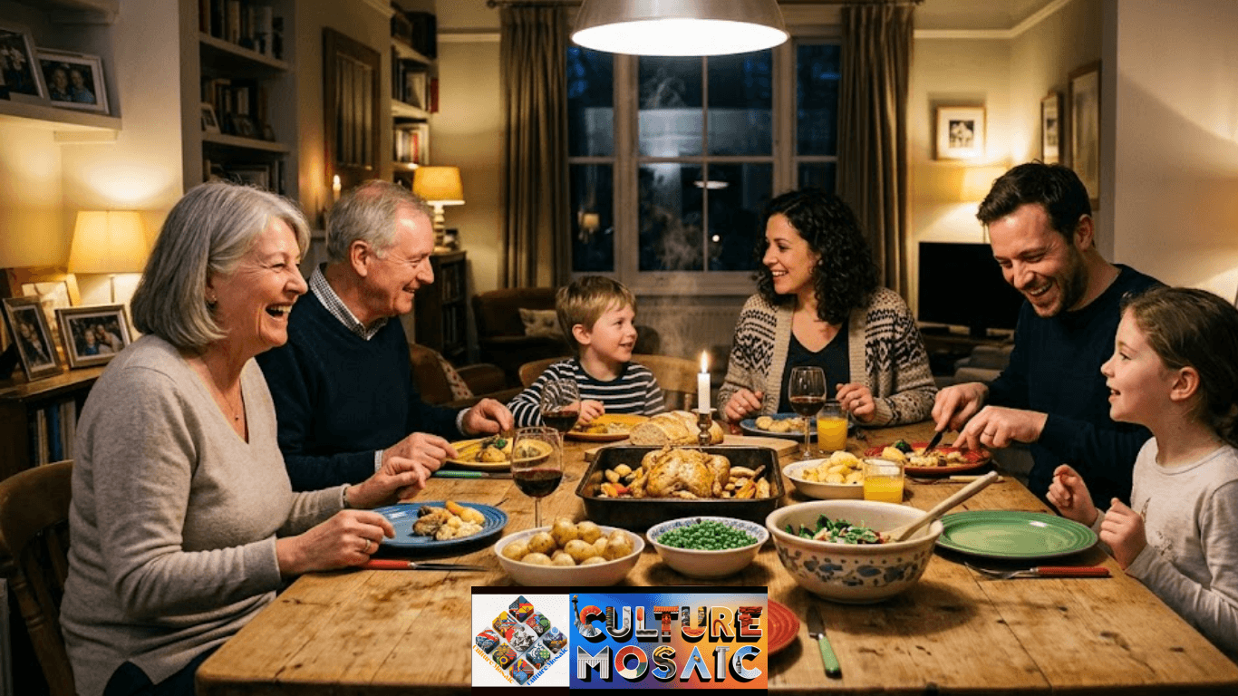 Family Dinner Traditions: A joyful photo of three generations of a diverse family sharing a hearty home-cooked meal around a candlelit wooden table, everyone smiling as they connect and share laughter.