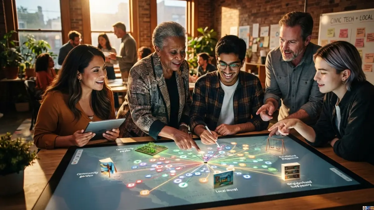 Diverse community members collaborating around an interactive digital display demonstrating the From Hashtags to Agency 2026 framework