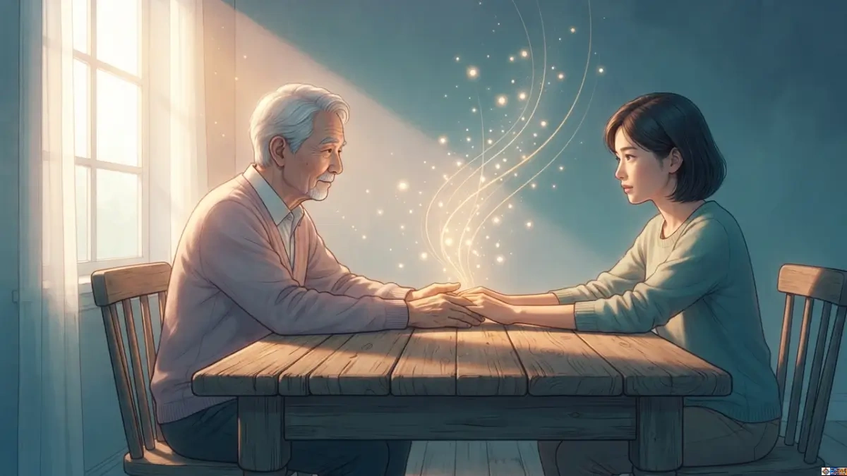 Illustration of two family members sitting by a sunlit window engaging in dialogue for healing family silences.