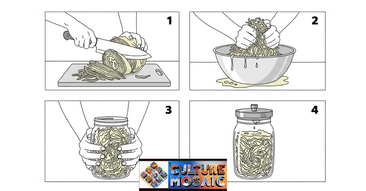Step-by-step visual guide for making sauerkraut at home using traditional food preservation methods.
