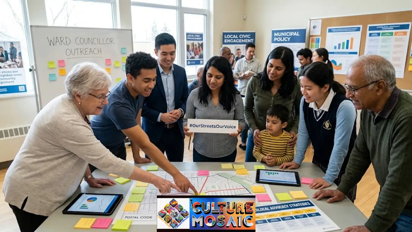 Hyperlocal Advocacy Strategies: A diverse group of neighbors collaboratively mapping out grassroots campaigns and using digital tools for neighborhood public policy at a community hall workshop, focusing on Hyperlocal Advocacy Strategies.