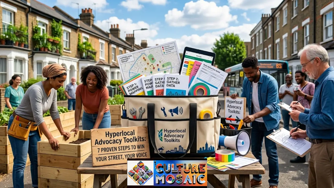 Diverse neighbors organizing on a residential street around a wooden table carrying digital resources, clipboards, maps, and Hyperlocal Advocacy Toolkits to drive neighborhood change.
