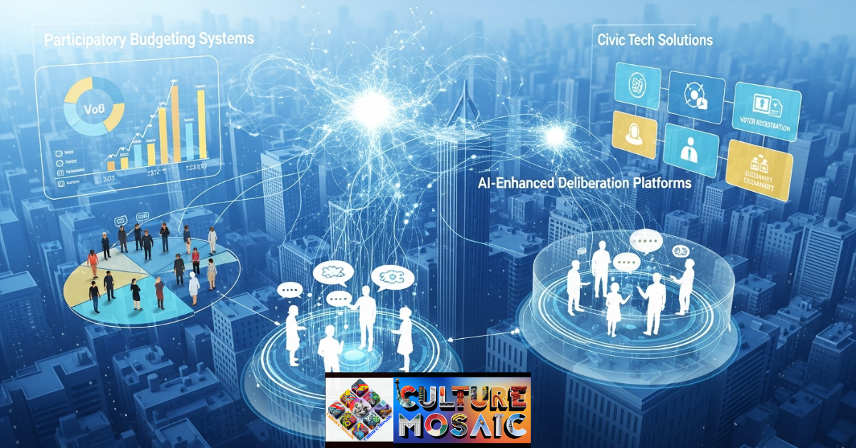 A diverse group of community members using a digital tablet to vote on local development projects, representing the 2026 civic agency movement.