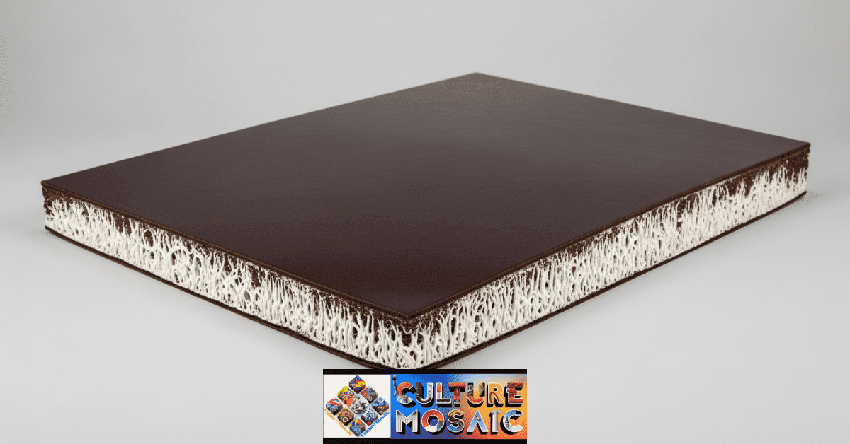 A sheet of fine mycelium leather showing the transition from raw fungus to luxury material.