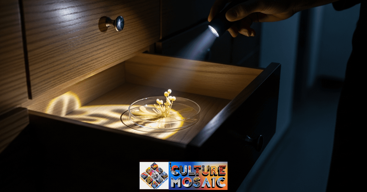 An artist accidentally stressing a light-sensitive slime mold culture with a smartphone flashlight.