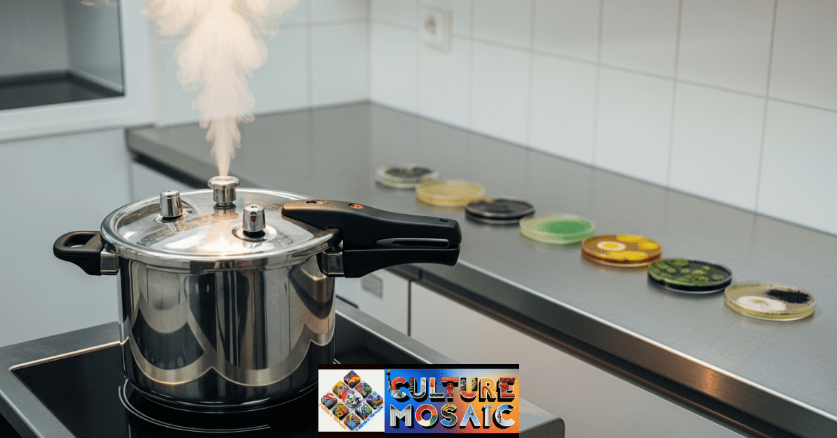 Using a pressure cooker to safely deactivate contaminated bio-art cultures before disposal.