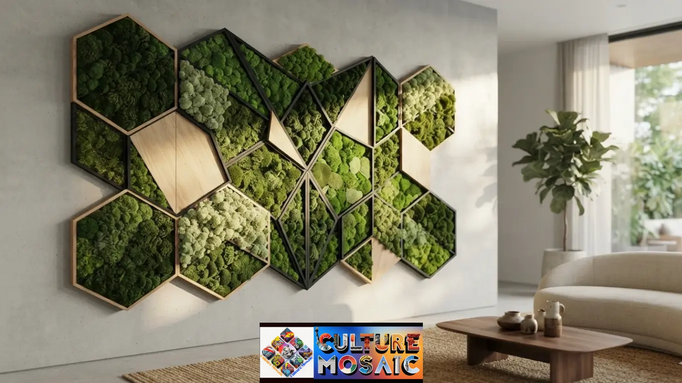 Modern biophilic decor wall installation featuring geometric preserved green moss art in a bright minimalist room.