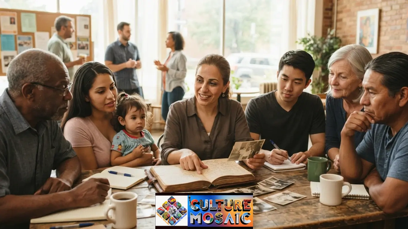Narrative Advocacy: A diverse community organizer sharing a personal advocacy journal with local residents at a community meeting.