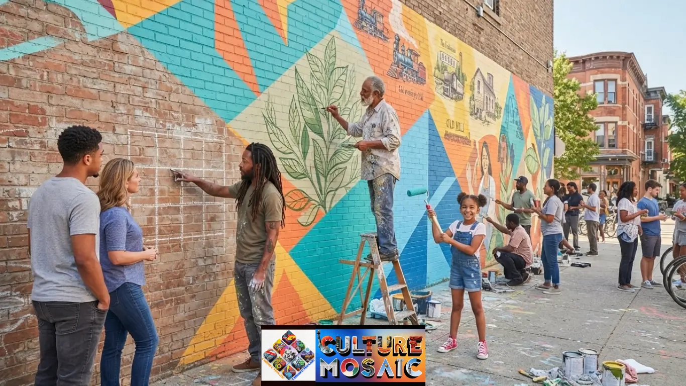 Diverse neighbors and a local artist collaborating on organising a neighbourhood mural on a primed brick wall.