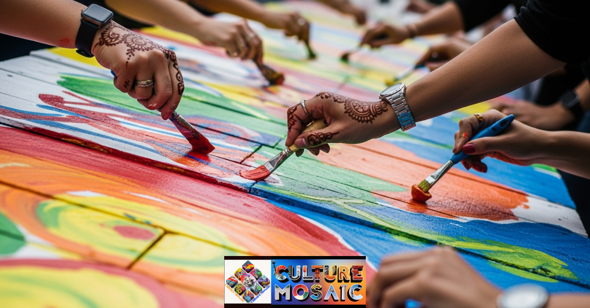 Close-up of diverse hands collaborating on an outdoor art project at a micro festival, showing active participation.