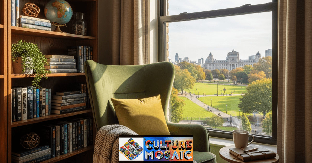 A cozy reading nook demonstrating the biophilic design principles of prospect and refuge.