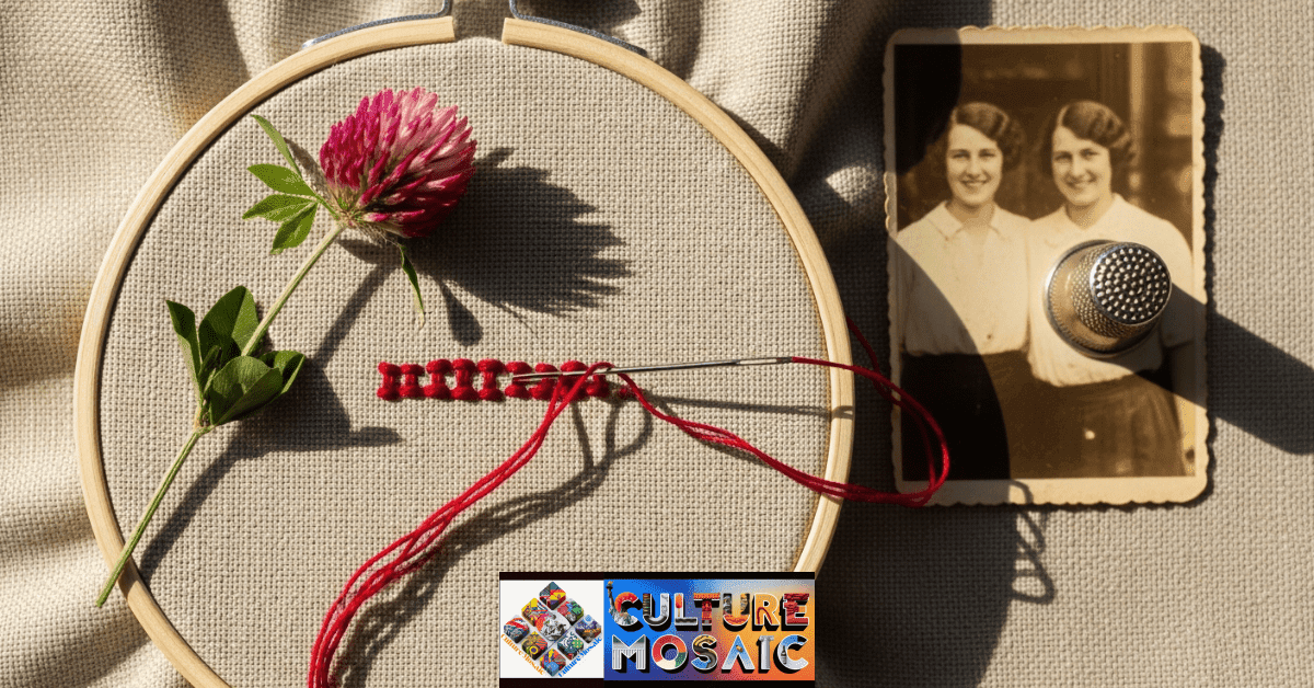A work-in-progress embroidery hoop on linen with natural thread, showing the slow-stitching process.