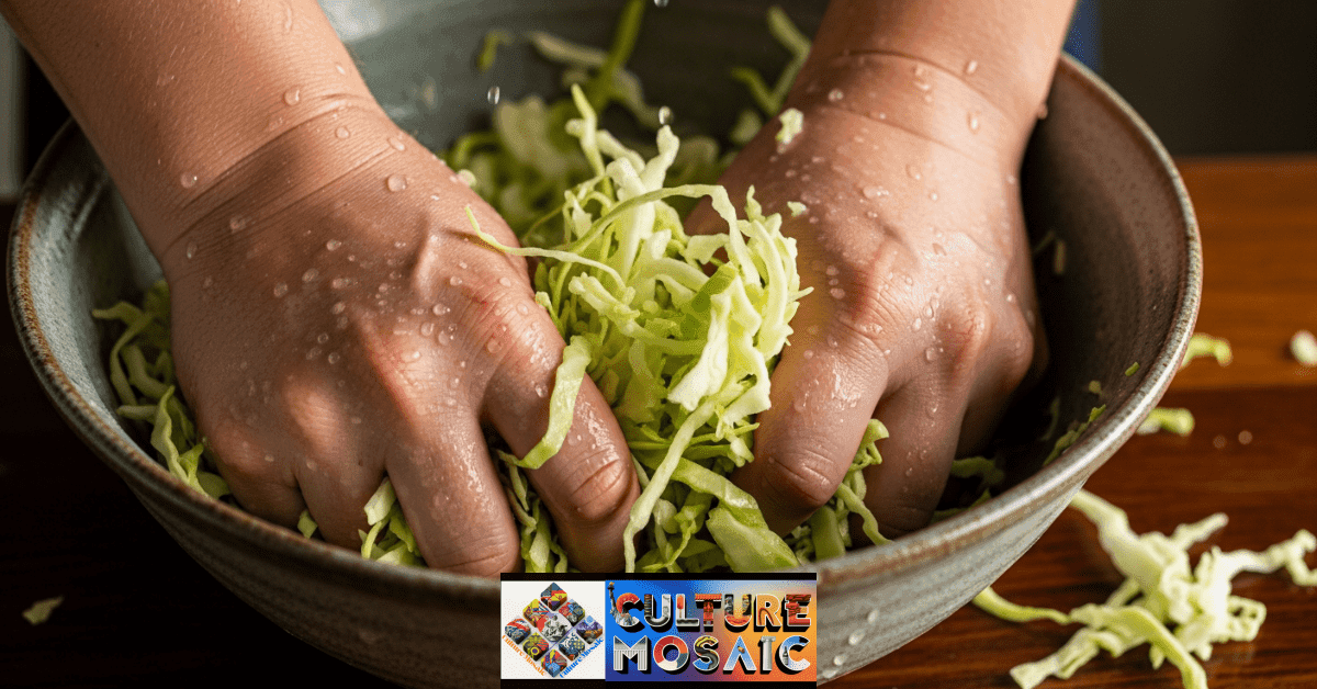 Hands massaging salt into shredded cabbage, showing the meditative start of the fermentation process.