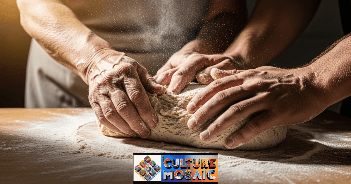 An elder teaching a young person traditional baking skills, showcasing the practical side of Generational Heritage IQ.