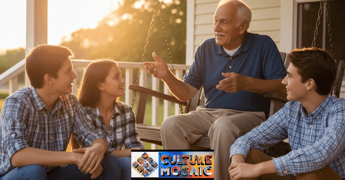 An elder sharing a story with younger relatives, illustrating how wisdom is passed through family narratives.