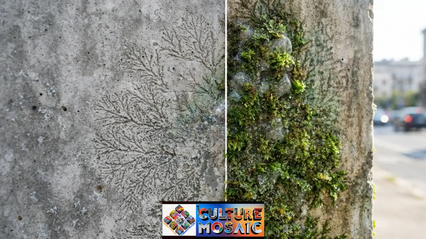 Sustainable Urban Art Science: Macro shot of green moss and photocatalytic paint growing over etched concrete on a city wall