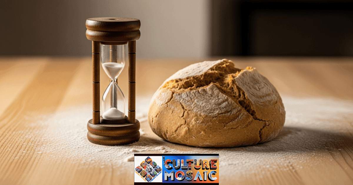 An hourglass next to sourdough dough, symbolizing the intersection of time and food preparation.