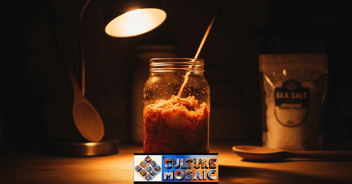 A glowing jar of fermenting kimchi on a dark kitchen counter, representing the quiet power of fermentation as philosophy.