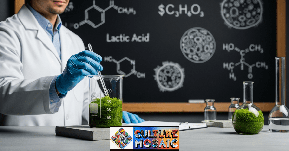 A professional laboratory setup featuring a beaker of green moss bio-emulsion on a concrete surface with chemical formulas in the background.