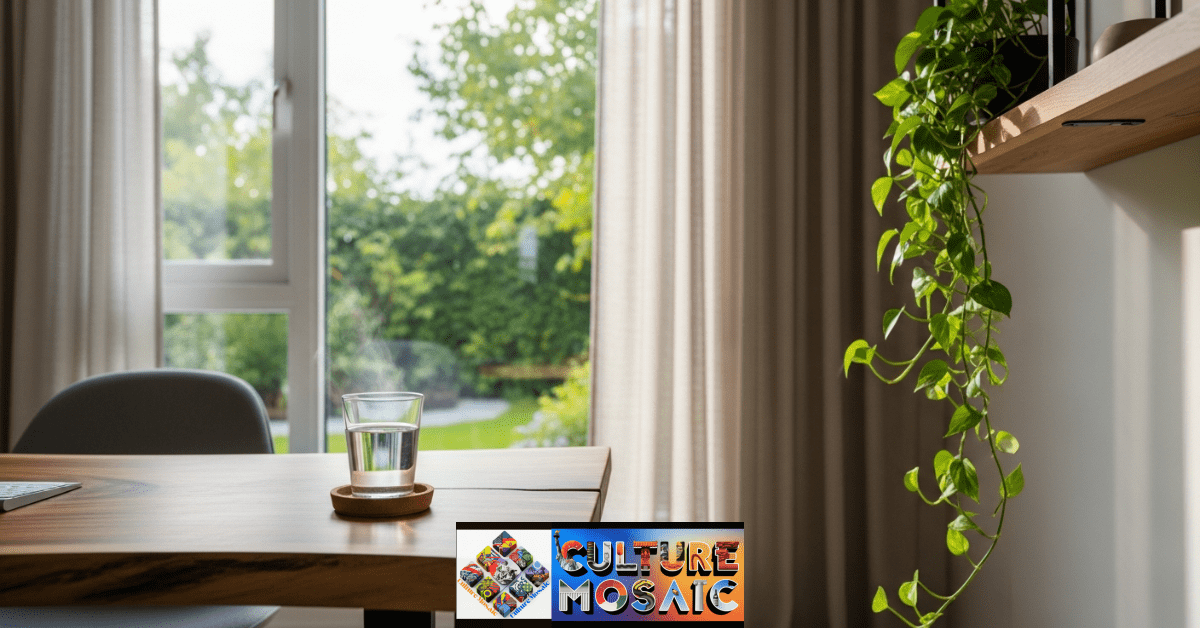 A biophilic home office featuring a live-edge wood desk, indoor plants, and natural light to improve mental clarity.