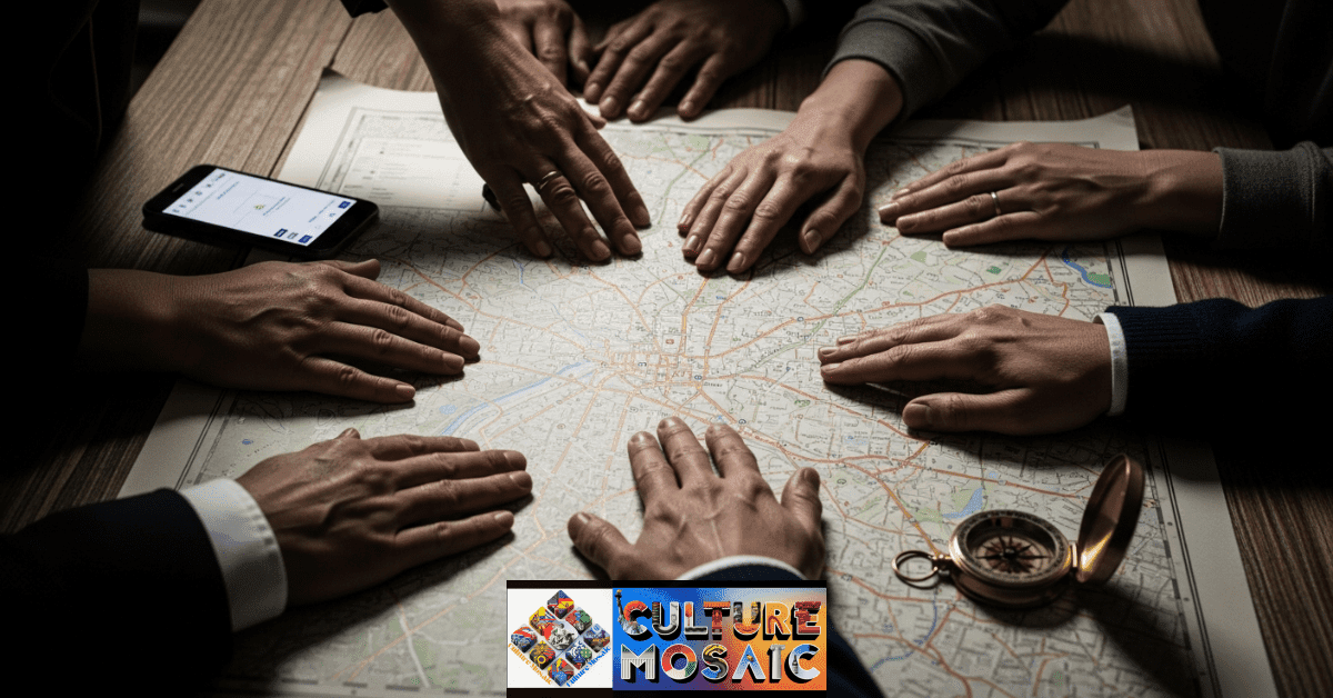 Diverse hands resting on a city map with a smartphone and compass, representing the collective effort of civic leadership.