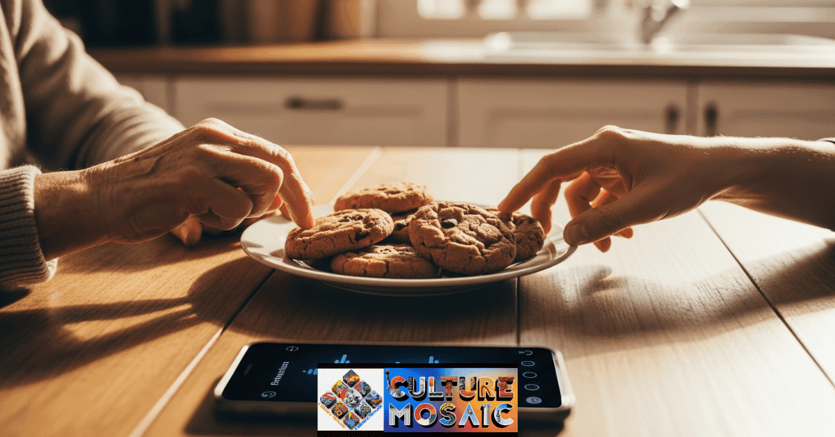 A smartphone recording a conversation on a sunlit kitchen table between an elder and a younger person.