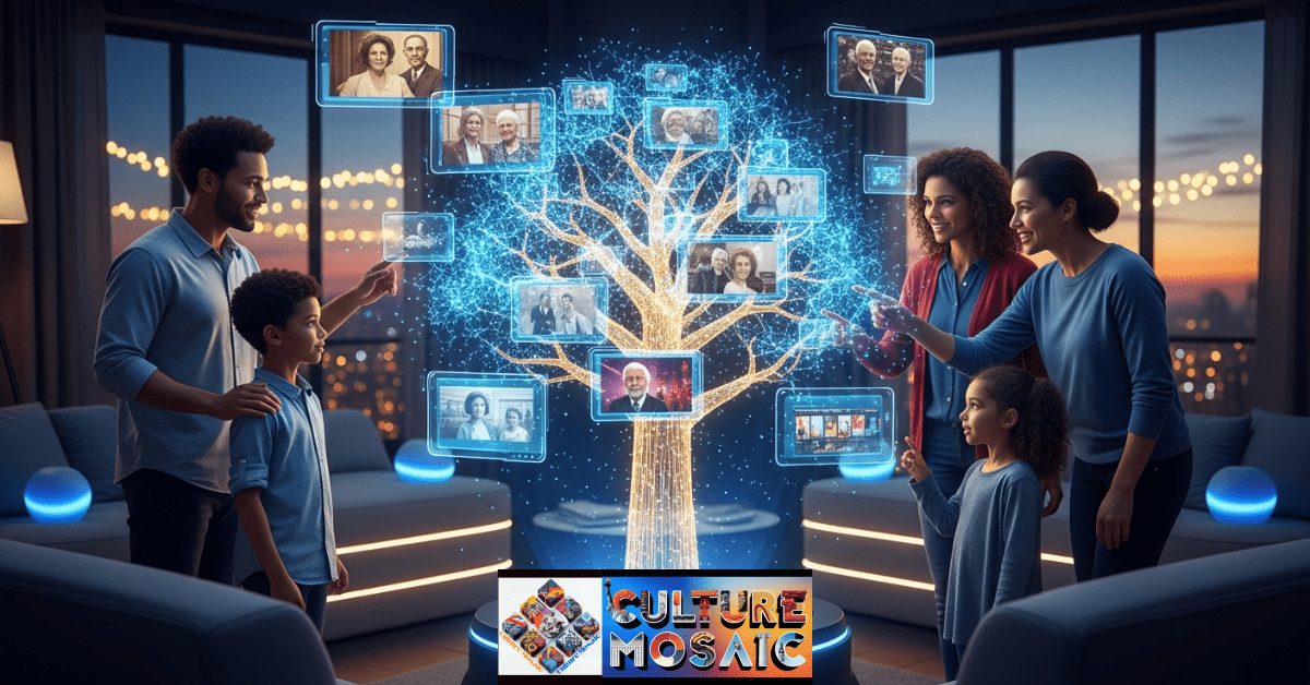 A family interacting with a holographic 3D family tree, representing the future of digital heritage and cultural IQ.