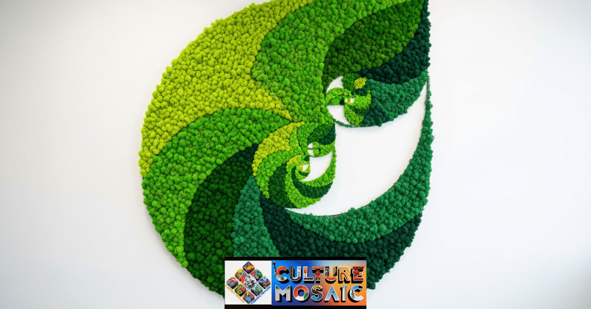 A Fibonacci spiral moss mural on an office wall, illustrating mathematical patterns in biophilic design.