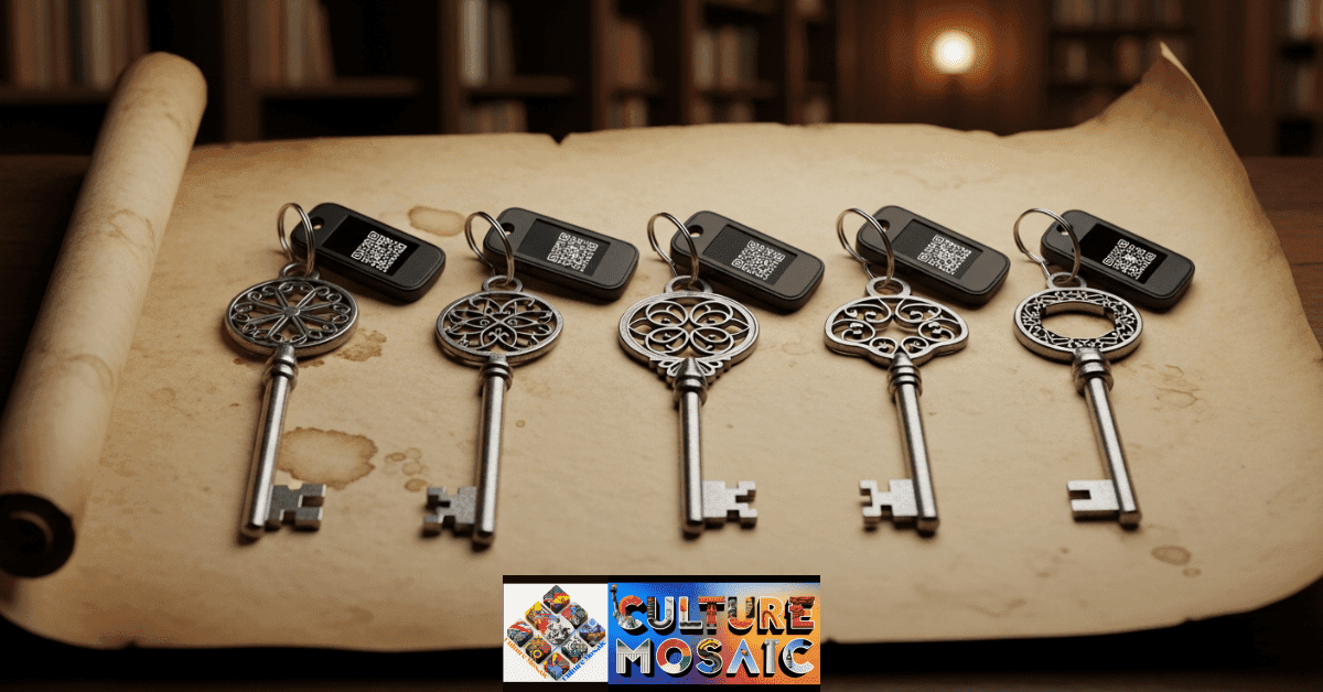 Five decorative keys on parchment paper, symbolizing the five questions that unlock family history.