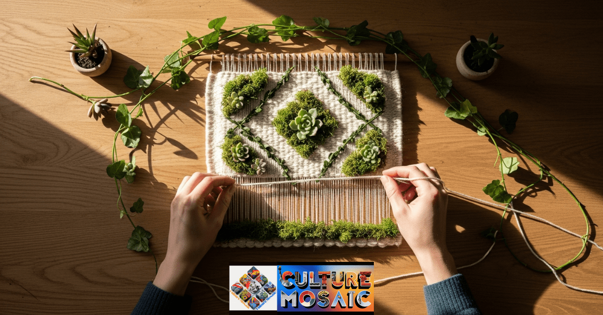 A close-up of hands weaving living vines and moss into a traditional folk art tapestry.