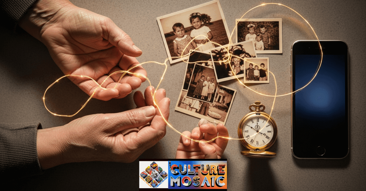 Hands of different generations connected by a glowing golden thread over family photos, representing Generational Heritage IQ.