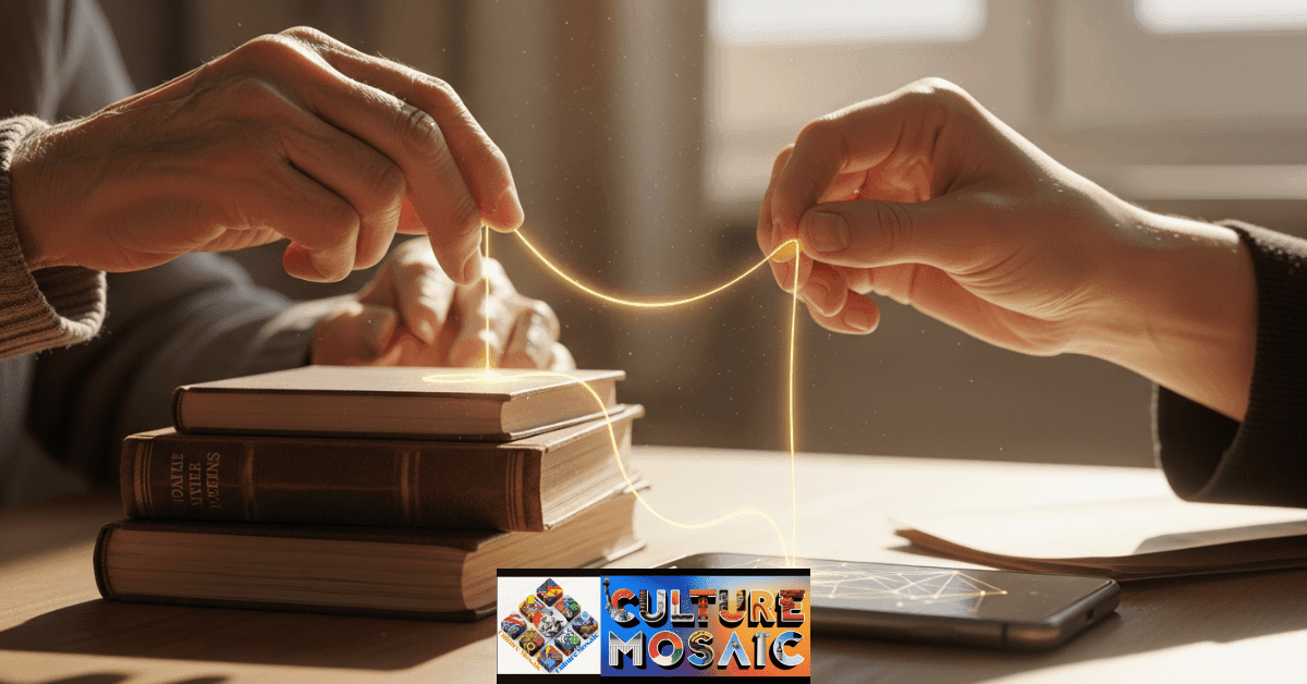 Hands of different generations holding a glowing golden thread over books and a phone, symbolizing the bridge of intergenerational wisdom.