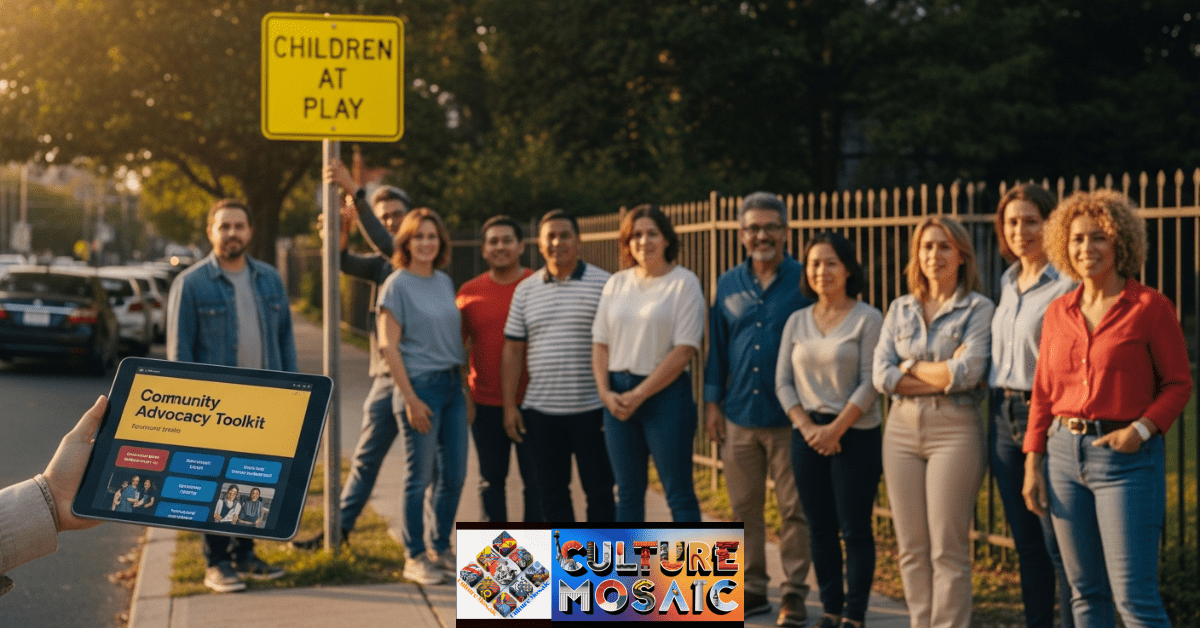A diverse group of neighbors using a digital community advocacy toolkit to celebrate a local safety improvement win.