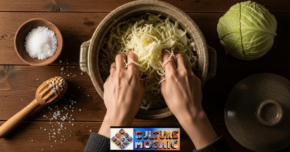 A traditional sauerkraut fermentation process showing hands massaging cabbage inside a ceramic crock with sea salt.